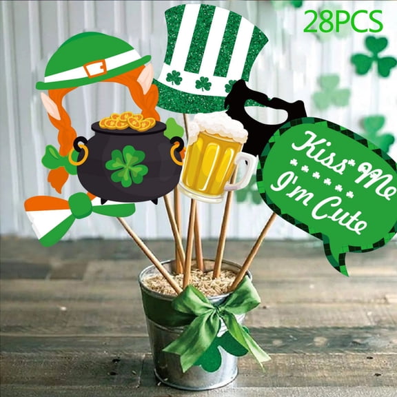 St. Patrick's Day 28-Piece Photo Props Party Dance Decoration, Irish Themed Accessories With Pipe Clover Hat Horseshoe Beer Mug Shamrock Mustache Lips Rainbow, Perfect For
