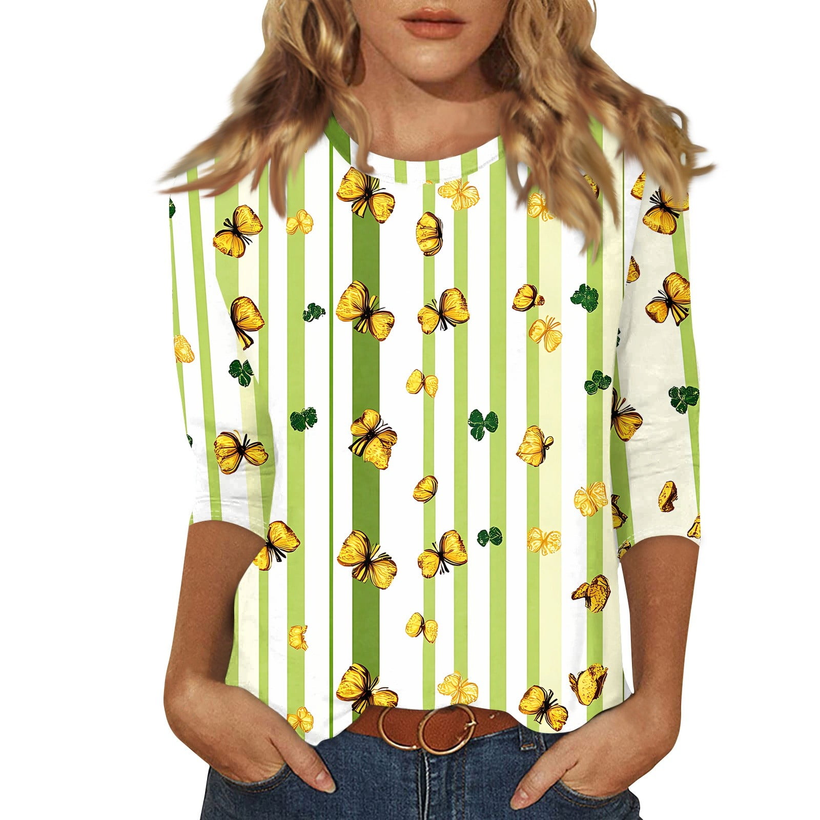 St. Patrick's Day 3/4 Sleeve Tops for Women Green Shamrock Print T