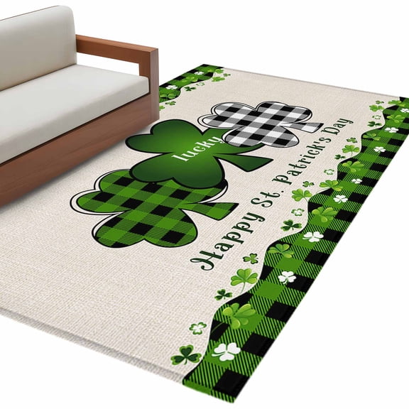 St. Patrick's Day 3'x5' Washable Rug, Green and Black Checkered Lucky Non-Slip Area Rugs for Entryway Kitchen Classroom, Dorm Throw Carpet, Low Pile Soft Indoor Floor Mat
