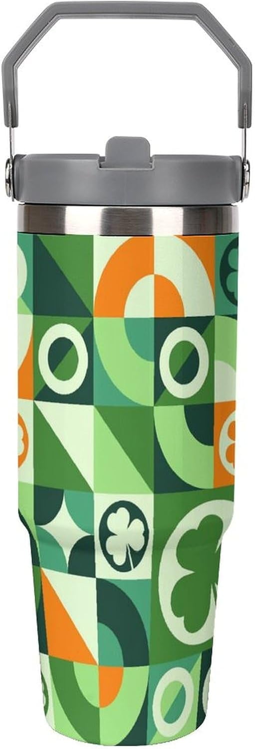St Patrick's Day 30oz Water Bottle with Handle & Straw,Fits in Cup Holder,Leak Resistant Tumbler-Reusable Insulated Stainless Steel,Gifts for Women & Men