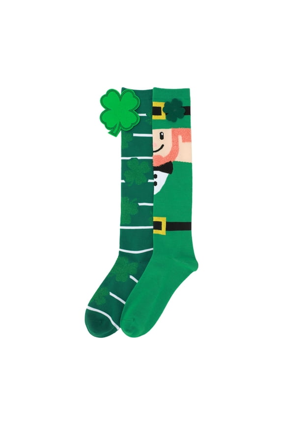 St. Patrick's Day 3D Felt Leprechaun & Clover Women's Green Knee-High Socks