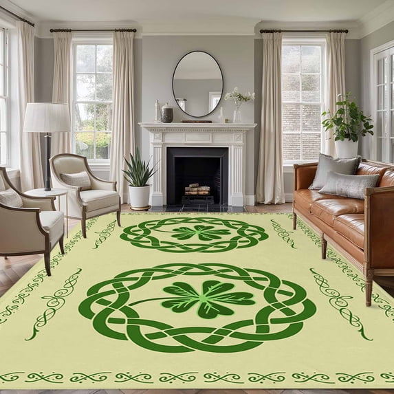 St. Patrick's Day 5'x8' Area Rug for Living Room, Farmhouse Green Lucky Clovers Border Washable Non-Slip Rugs for Bedroom Nursery Dining Room, Low-Pile Kitchen Carpet Large Entryway Rugs