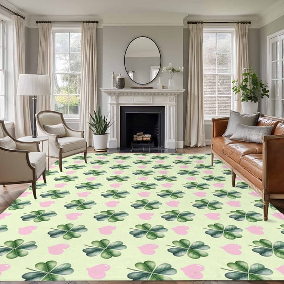St. Patrick's Day 5'x8' Area Rug for Living Room, Lucky Green Clovers Pink Love Heart Washable Non-Slip Rugs for Bedroom Nursery Dining Room, Low-Pile Kitchen Carpet Large Entryway Rugs