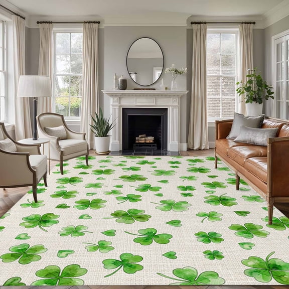 St. Patrick's Day 5'x8' Area Rug for Living Room, Rustic Lucky Clovers Green Washable Non-Slip Rugs for Bedroom Nursery Dining Room, StainResistant Low-Pile Kitchen Carpet Large Entryway Rugs