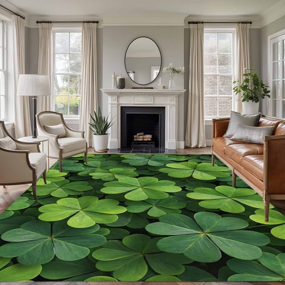 St. Patrick's Day 5'x8' Area Rug for Living Room, Spring Country Fourleaf Grass Lucky Washable Non-Slip Rugs for Bedroom Nursery Dining Room, Low-Pile Kitchen Carpet Large Entryway Rugs