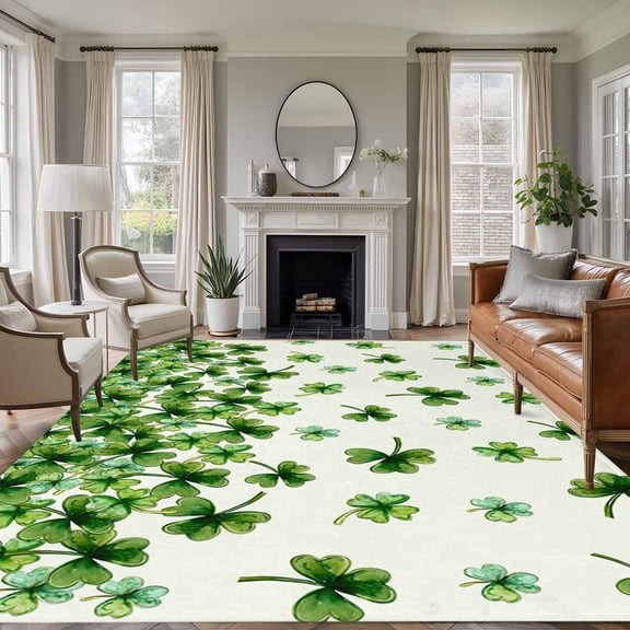 St. Patrick's Day 5'x8' Area Rug for Living Room, Spring Green Botanical Lucky Clovers Washable Non-Slip Rugs for Bedroom Nursery Dining Room, Low-Pile Kitchen Carpet Large Entryway Rugs