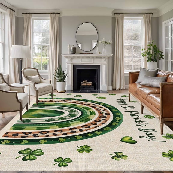 St Patrick's Day 5'x8' Area Rug for Living Room, Spring Lucky Shamrock Rainbow Beige Washable Non-Slip Rugs for Bedroom Nursery Dining Room, StainResistant Low-Pile Kitchen Carpet Large Entryway Rugs