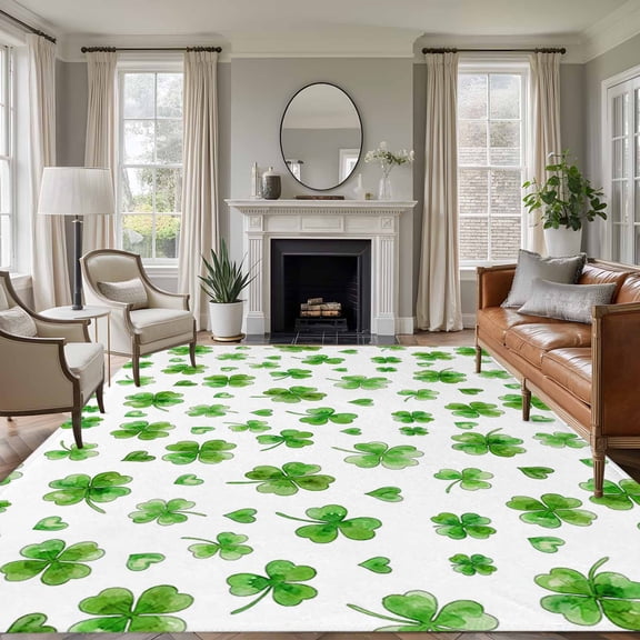 St. Patrick's Day 5'x8' Area Rug for Living Room, Watercolor Lucky Clovers Green Washable Non-Slip Rugs for Bedroom Nursery Dining Room, StainResistant Low-Pile Kitchen Carpet Large Entryway Rugs