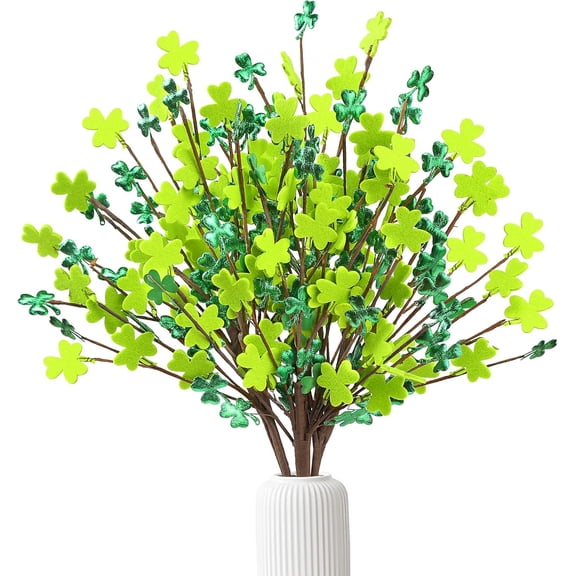 St.Patrick's Day 6 Pcs Shamrock Stems Artificial Fabric Shamrock Picks Green Clover Branches for Irish St.Patrick's Day Arrangement Centerpiece Home Vase Decor