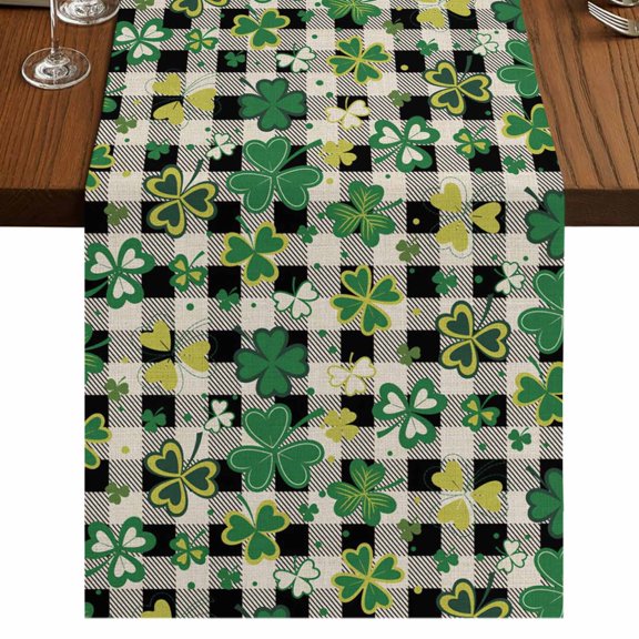 St Patrick's Day 60 Inch Table Runner, Lucky Shamrocks Farmhouse Retro Check Farmhouse Dresser Scarf Cotton & Linen Tablerunner for Dining/Kitchen Island/Holiday Party Décor 13" x 60"