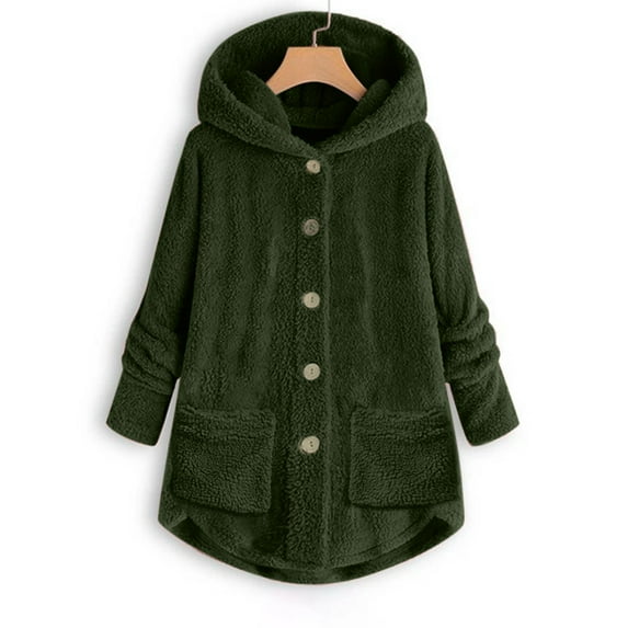 St. Patrick's Day AXXD Army Green Winter Coats For Women Plus Size Winter Plus Size Hood Button Plush Tops Loose Cardigan Wool Jacket For Lady Size L(US:12)
