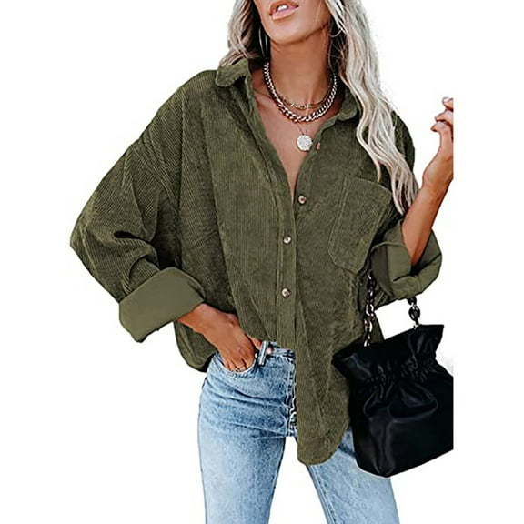 St. Patrick's Day AXXD Corduroy Long Sleeve Turn-Down Collar Solid Pocket Button Vantage Tops Women Jacket Clearance Under $10 Army Green Size L(Us:8)