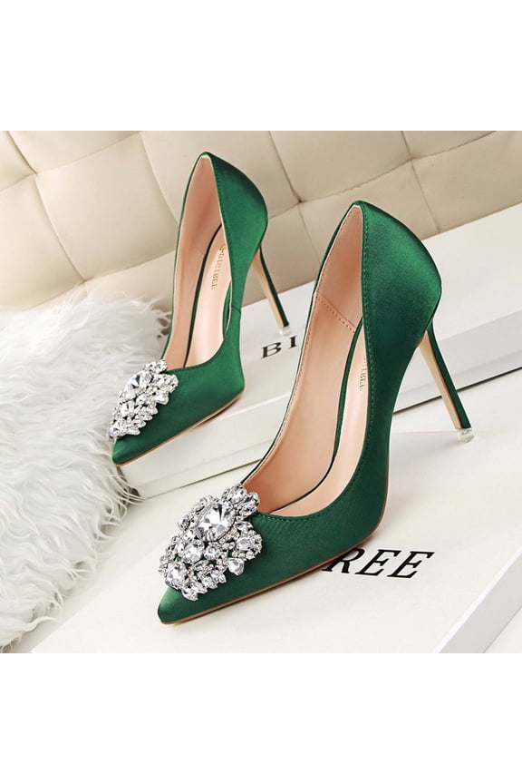 St. Patrick's Day AXXD Pointed Toe High Heel Thin Heels Shallow Rhinestone Elegant Thin Green Womens Water Shoes Christmas Size 42