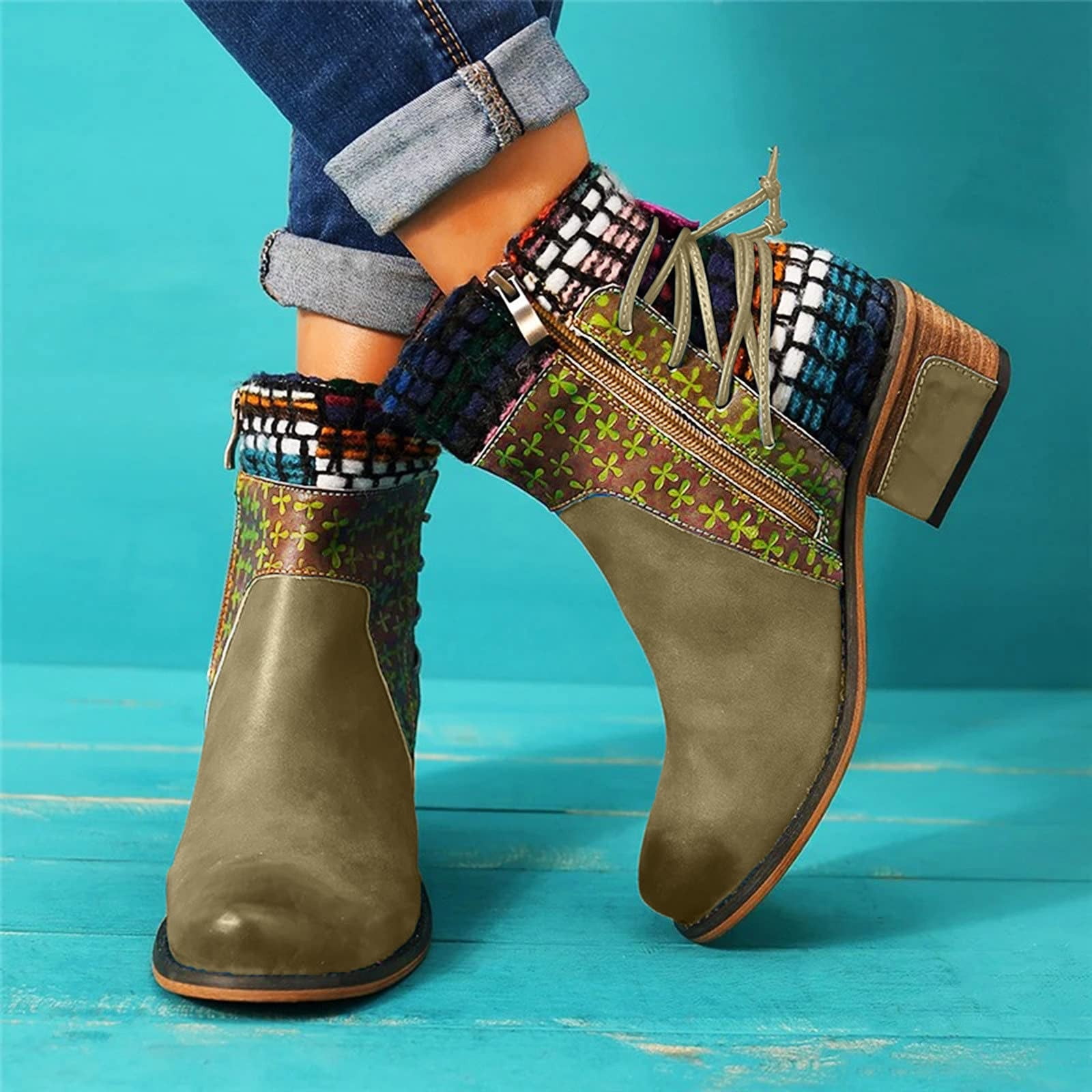 St. Patrick's Day AXXD Women's Vintage Splicing Round Toe Square Heel Boots Thick Heel Short Shoes Women's Boots Clearance Green Size 36(US:5.5)