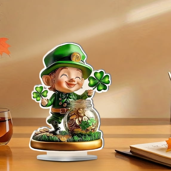 St. Patrick's Day Acrylic Flat Ornament, Green Leprechaun Hat House Clover Tabletop Decor for Irish Party Home