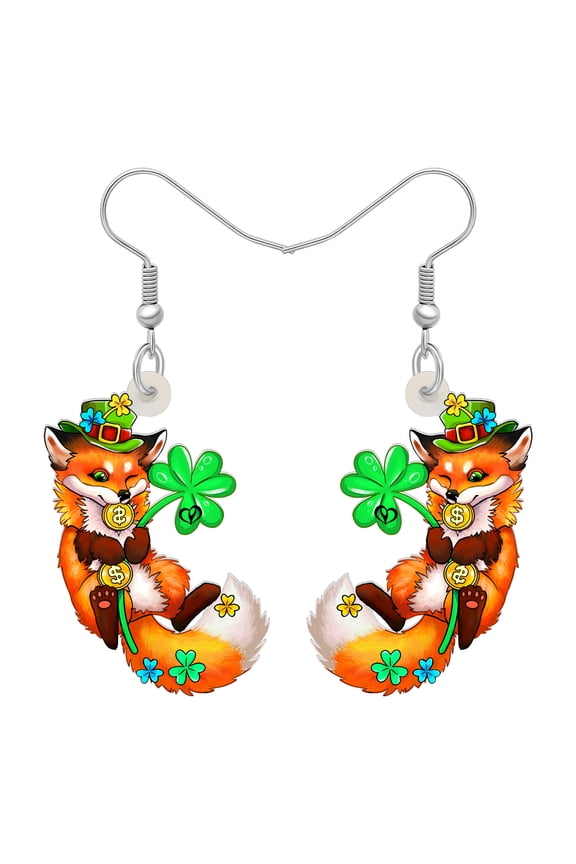 St. Patrick's Day Acrylic Green Shamrock Fox Earrings Wildlife Dangle Jewelry Charm Gifts for Women