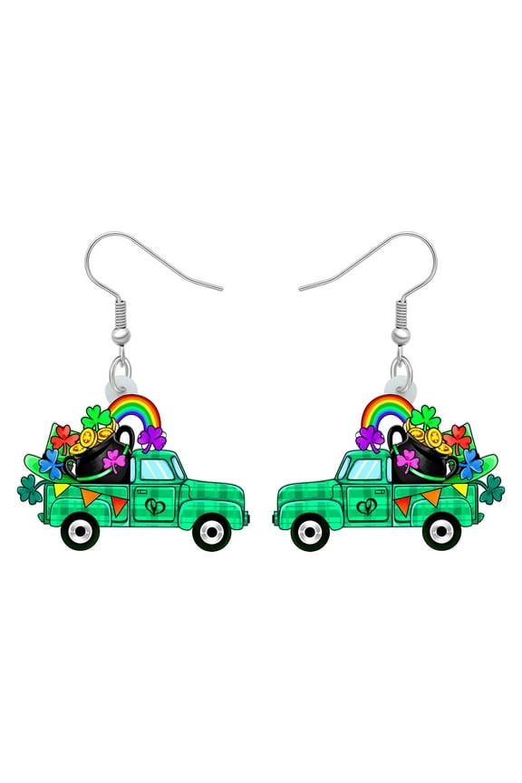 St. Patrick's Day Acrylic Green Truck Earrings Car Dangle Jewelry for Women Charm Holiday Party Gift