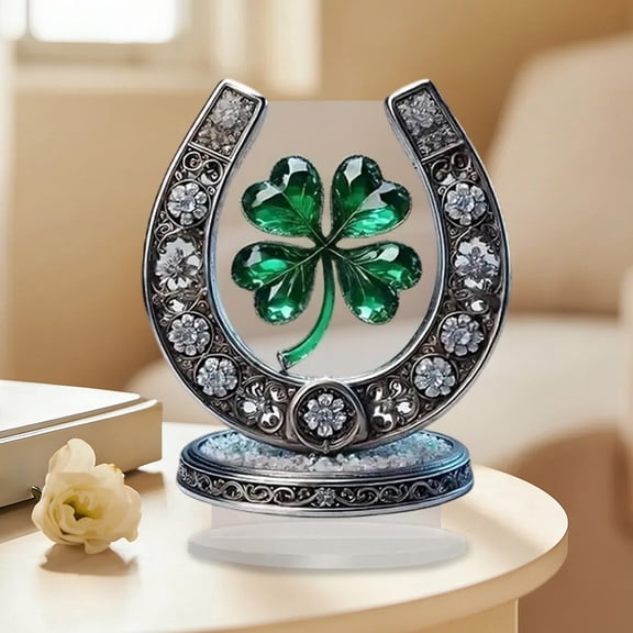 St Patrick's Day Acrylic Horseshoe Ornament with Green Clover and Crystal Accents, 7.87in Desktop Home Decor, Home Tabletop Office Kitchen