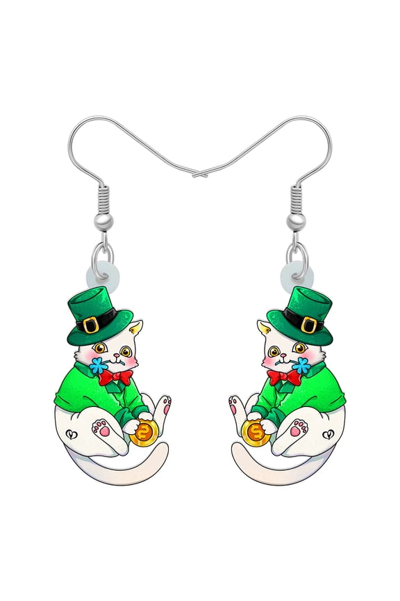 St. Patrick's Day Acrylic Leprechaun Hat Cute Cat Earrings Pets Dangle Jewelry for Women Charm Gifts