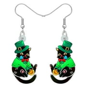 NEWEI St. Patrick's Day Acrylic Leprechaun Hat Cute Cat Earrings Pets Dangle Jewelry for Women Charm Gifts