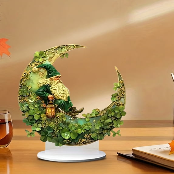 St. Patrick's Day Acrylic Tabletop Ornament, Moon House Leprechaun Clover Decor with Light for Irish Party Home