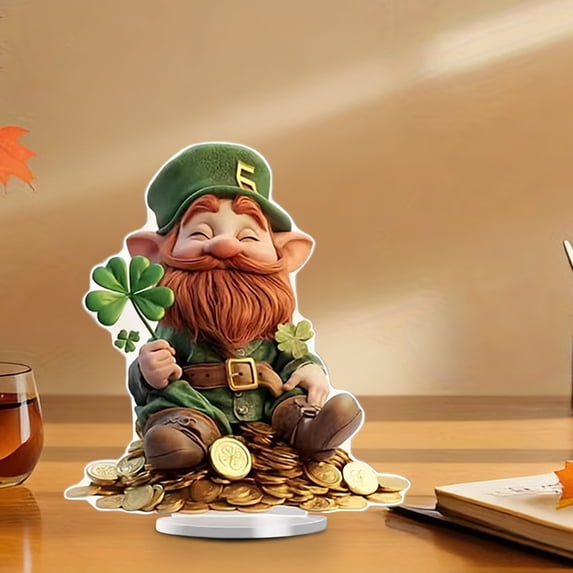 St. Patrick's Day Acrylic Tabletop Ornament, Moon House Leprechaun Clover Decor with Light for Irish Party Home