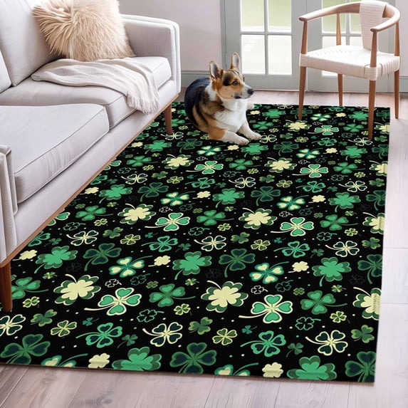 St. Patrick's Day Area Rugs 4'x6', Washable Small Throw Rugs for Office Bathroom, Spring Green Shamrock Leaves Black Indoor Outdoor Rug Non-Slip Low Pile Carpet Runner Reversible Floor Mats