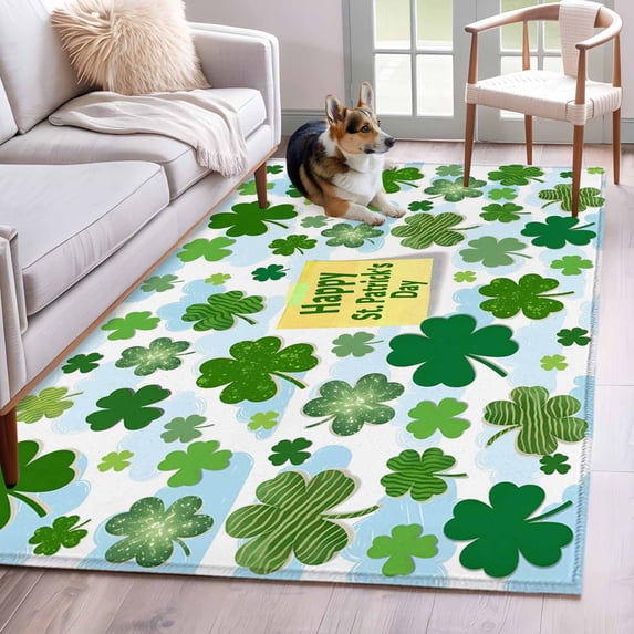St. Patrick's Day Area Rugs 4'x6', Washable Small Throw Rugs for Office Bathroom, Spring Lucky Green Shamrock Cloud Blue Indoor Outdoor Rug Non-Slip Low Pile Carpet Runner Reversible Floor Mats
