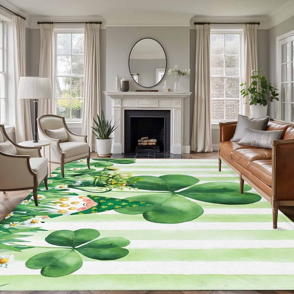 St Patrick's Day Area Rugs 5'x7', Small Throw Rugs for Laundry Room Playroom, Watercolor Gnomes Shamrock Daisy Green Stripes Indoor Outdoor Rug Non-Slip Low Pile Carpet Runner Reversible Floor Mats