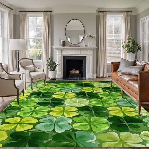 St. Patrick's Day Area Rugs 5'x7', Small Throw Rugs for Laundry Room Playroom, Watercolor Green Lucky Shamrocks Spring Leaves Indoor Outdoor Rug Non-Slip Low Pile Carpet Runner Reversible Floor Mats