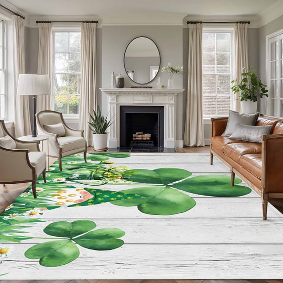 St. Patrick's Day Area Rugs 6'x9', Small Throw Rugs for Kitchen Dining room, Lucky Shamrock Watering Can Gnomes Daisy Wood Indoor Outdoor Rug Non-Slip Low Pile Carpet Runner Reversible Floor Mats