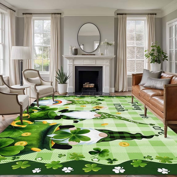 St. Patrick's Day Area Rugs 6'x9', Washable Small Throw Rugs for Kitchen Dining room, Green Gnomes Shamrock Gold Coin Indoor Outdoor Rug Non-Slip Low Pile Carpet Runner Reversible Floor Mats