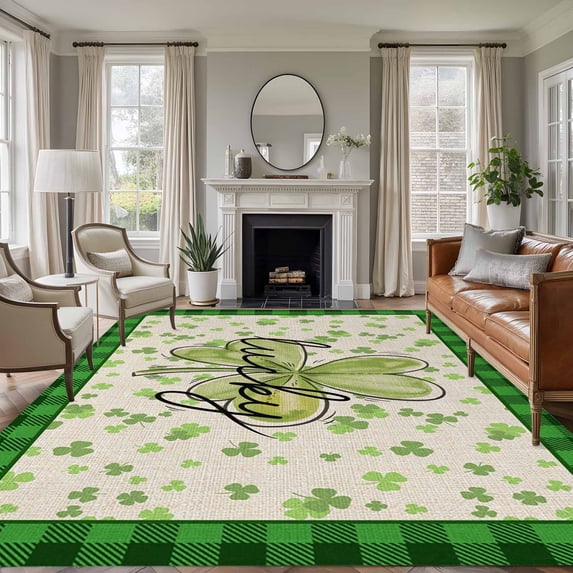 St. Patrick's Day Area Rugs 6'x9', Washable Small Throw Rugs for Kitchen Dining room, Spring Lucky Shamrock Retro Green Plaid Indoor Outdoor Rug Non-Slip Low Pile Carpet Runner Reversible Floor Mats