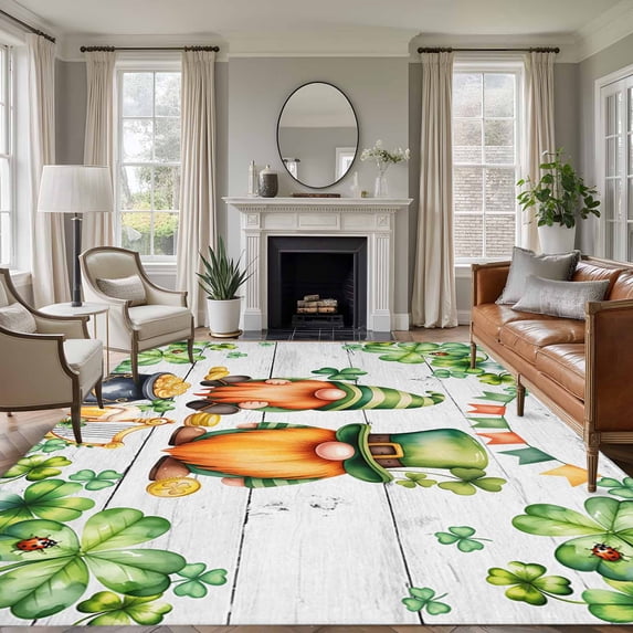 St. Patrick's Day Area Rugs 8'x10', Small Throw Rugs for Living Room Patio, Green Gnomes Lucky Shamrocks Grey Farm Wooden Indoor Outdoor Rug Non-Slip Low Pile Carpet Runner Reversible Floor Mats