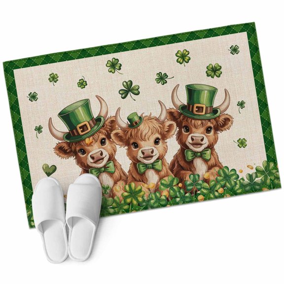 St. Patrick's Day Area Rugs Collection 2'x3', Green Shamrock Highland Cow Glod Coin Beige Non Slip Indoor Rectangle Throw Runner Rug Floor Mat Carpet for Living Room Dining Table Bedroom Nursery