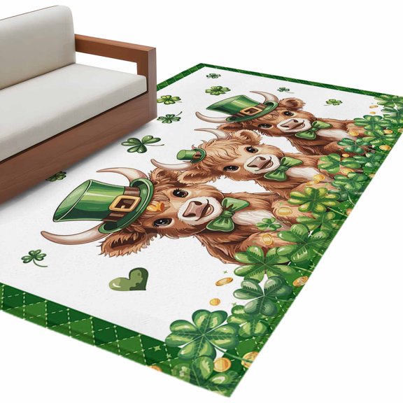 St. Patrick's Day Area Rugs Collection 4'x6', Cute Highland Cow Shamrock Gold Coin Green Non Slip Indoor Rectangle Throw Runner Rug Floor Mat Carpet for Living Room Dining Table Bedroom Nursery