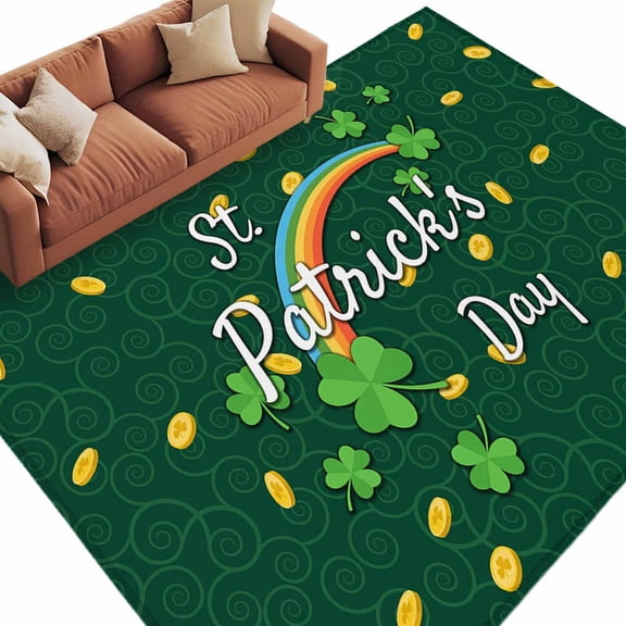St. Patrick's Day Area Rugs Collection 6'x9', Green Shamrock Rainbow Gold Coin Simple Non Slip Indoor Rectangle Throw Runner Rug Floor Mat Carpet for Living Room Dining Table Bedroom Nursery