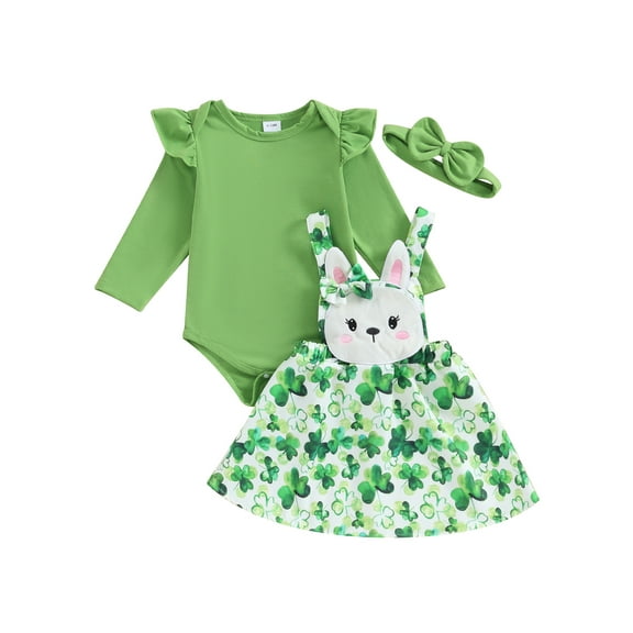 St. Patrick's Day Baby Girl Outfit 3 6 9 12 18 Months Long Sleeve Onesie Romper Lucky Clover Suspender Skirt Headband 3Pcs Clothes Set