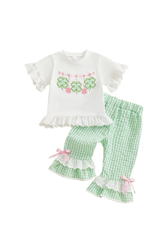 St. Patrick's Day Baby Girl Outfit Shamrock Short Sleeve Tops Plaid Bell Bottoms Flared Pants Set Infant Toddler Summer Clothes