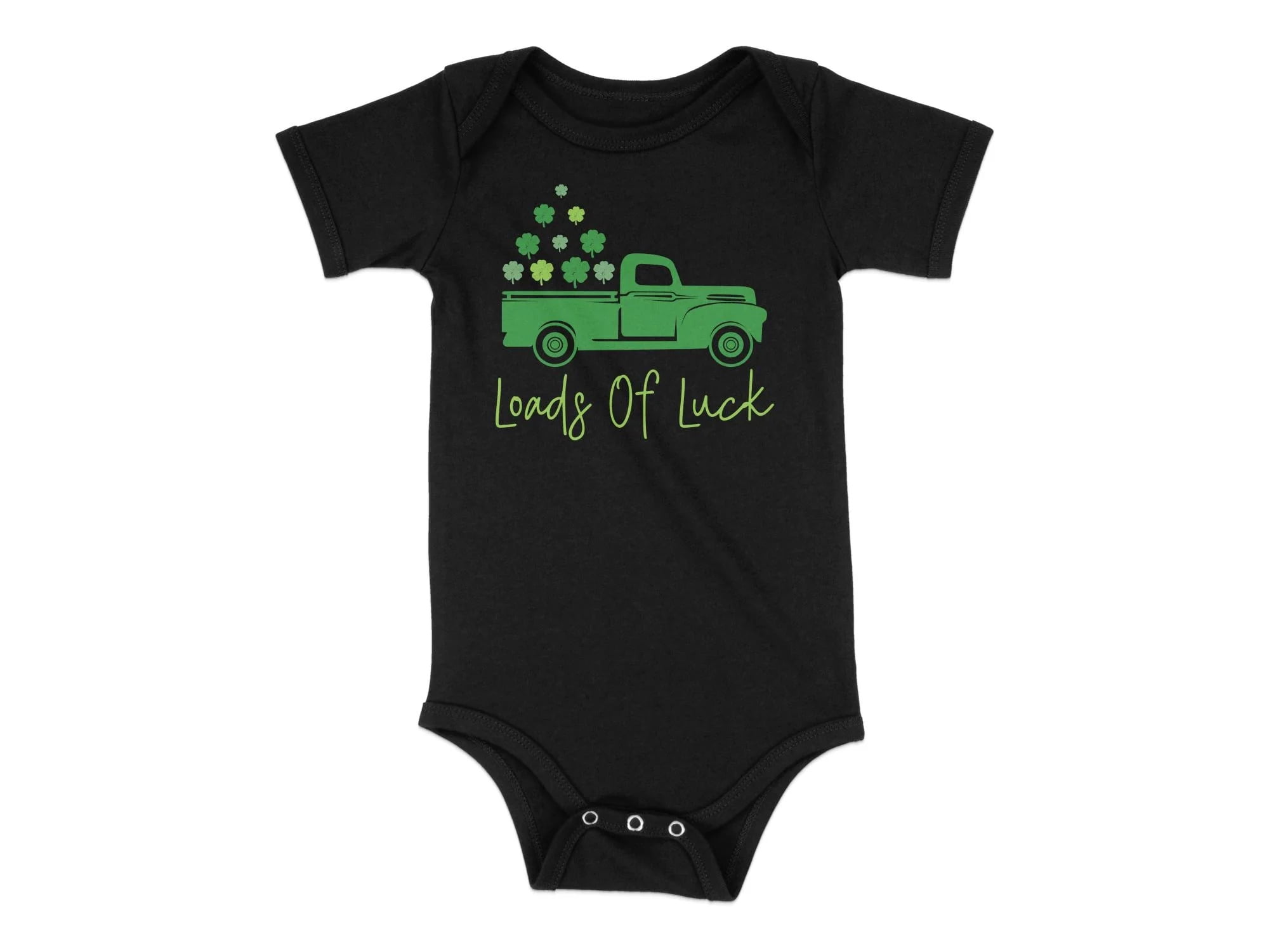 St. Patrick's Day Baby Onesie, Cute Loads of Luck Pickup Truck, Green Clover Shamrock Infant Bodysuit, Unisex Baby Shower Gift, Soft Cotton