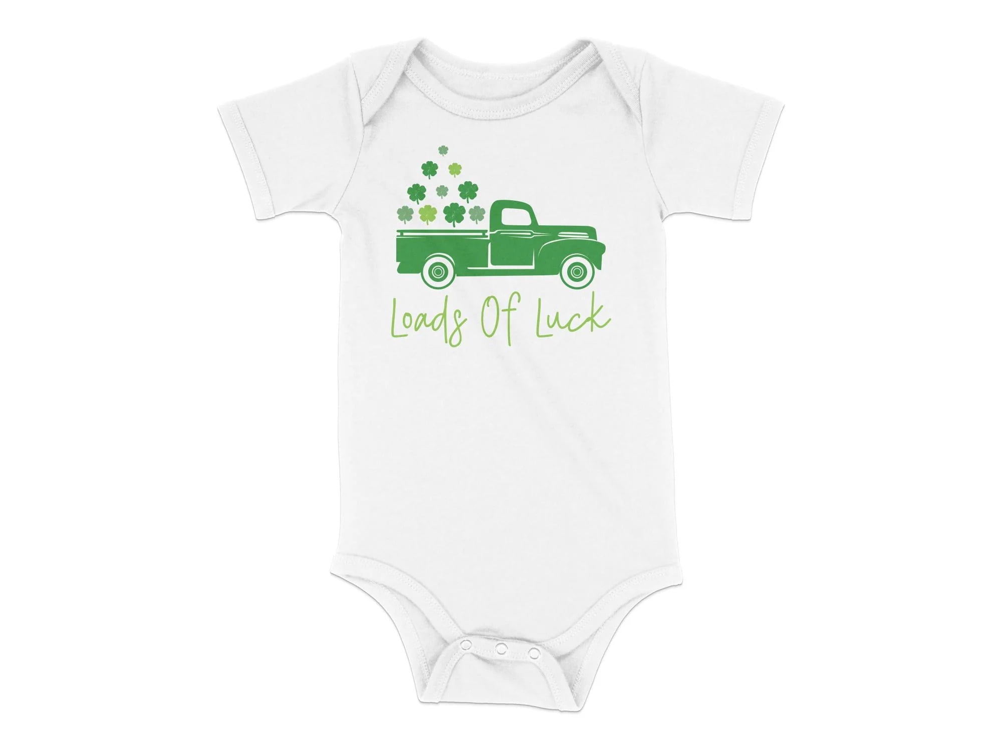 St. Patrick's Day Baby Onesie, Cute Loads of Luck Pickup Truck, Green Clover Shamrock Infant Bodysuit, Unisex Baby Shower Gift, Soft Cotton