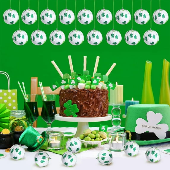 St. Patrick's Day Ball Ornaments,Green Shamrocks and Hat Fabric Wrapped Balls, Decorative Hanging Ornaments for Tree Home Office Bedroom Party St. Patrick' Day Holiday Decorations
