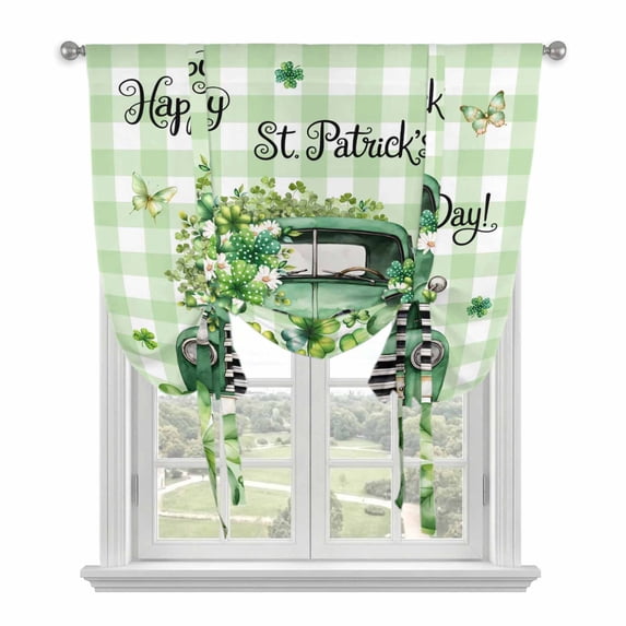 St. Patrick's Day Balloon Curtains for Living Room/French Door, Green Truck Leaf Flowers Butterfly Plaid Tie Up Curtains 63 Inch Length Energy Saving Kitchen Curtains Shades for Windows 42"x63"