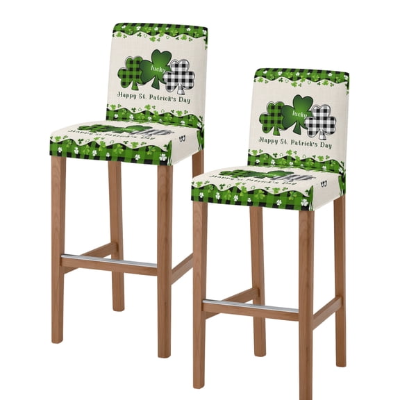 St. Patrick's Day Bar Stool Covers Set of 2, Green and Black Checkered Lucky Stretch Washable Bar Chair Covers with Backs, Removable Pub Counter Height Chair Cover for Kitchen Dining Room Cafe