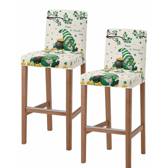 St. Patrick's Day Bar Stool Covers Set of 2, Green Gnomes Shamrock Gold Coin Beige Stretch Washable Bar Chair Covers with Backs, Removable Pub Counter Height Chair Cover for Kitchen Dining Room Cafe