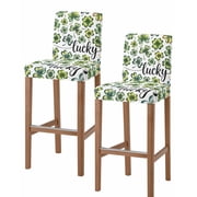 St. Patricks Day Bar Stool Covers Set of 2, Green Leaves Watercolor Botanical Stretch Washable Bar Chair Covers with Backs, Removable Pub Counter Height Chair Cover for Kitchen Dining Room Cafe