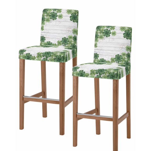St. Patrick's Day Bar Stool Covers Set of 2, Green Lucky Shamrock Leaf Wooden Gray Stretch Washable Bar Chair Covers with Backs, Removable Pub Counter Height Chair Cover for Kitchen Dining Room Cafe