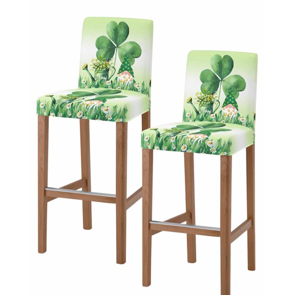 St. Patrick's Day Bar Stool Covers Set of 2, Green Shamrock Gnomes Watering Can Plants Stretch Bar Chair Covers with Backs, Removable Pub Counter Height Chair Cover for Kitchen Dining Room Cafe