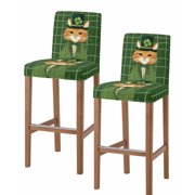 St. Patrick's Day Bar Stool Covers Set of 2, Green Shamrock Kitten Cats Hat Buffalo Plaid Stretch Bar Chair Covers with Backs, Removable Pub Counter Height Chair Cover for Kitchen Dining Room Cafe