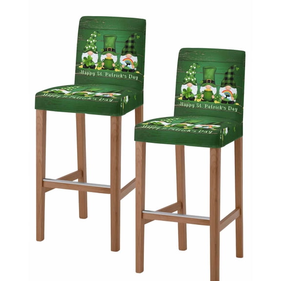 St. Patrick's Day Bar Stool Covers Set of 2, Shamrock Gnomes Gold Coin Green Wood Stretch Washable Bar Chair Covers with Backs, Removable Pub Counter Height Chair Cover for Kitchen Dining Room Cafe